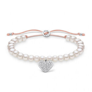 THOMAS SABO šnúrkový náramok White pearls heart pavé A1986-199-14-L20v