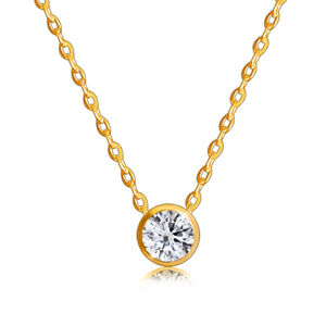 Briliantový náhrdelník z 9K zlata - okrúhly diamant v lesklej objímke, tenká retiazka