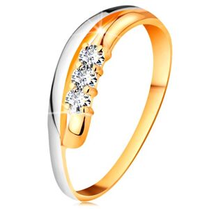Briliantový prsteň v 14K zlate, zvlnené dvojfarebné línie ramien, tri číre diamanty - Veľkosť: 56 mm
