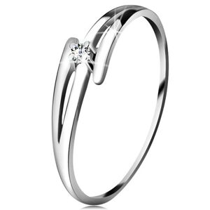 Briliantový prsteň z bieleho 14K zlata - rozdelené zvlnené ramená, číry diamant - Veľkosť: 60 mm