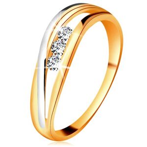 Briliantový prsteň zo 14K zlata, zvlnené dvojfarebné línie ramien, tri číre diamanty - Veľkosť: 59 mm