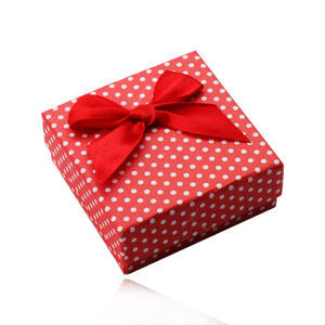 Červená darčeková krabička na prstene, náušnice, alebo prívesok, biele bodky, mašlička