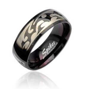 Čierny oceľový prsteň so vzorom Tribal v striebornej farbe - Veľkosť: 65 mm