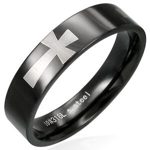 Čierny prsteň z chirurgickej ocele s krížmi striebornej farby po obvode, 5 mm - Veľkosť: 57 mm