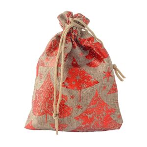 Darčekové vrecúško z textílie - stromčeky a vločky, hnedo - červená farba