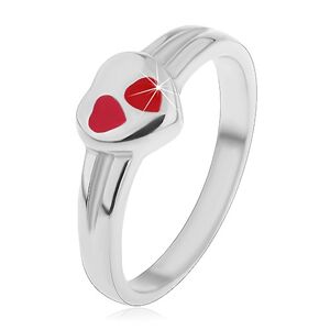 Detský prsteň z chirurgickej ocele, strieborná farba, srdce s červenou glazúrou - Veľkosť: 48 mm
