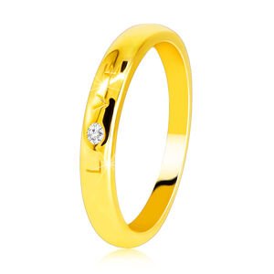 Diamantová obrúčka v žltom 585 zlate - nápis "LOVE" s briliantom, hladký povrch, 1,6 mm - Veľkosť: 52 mm
