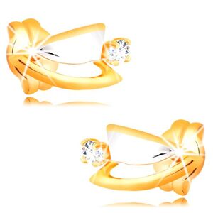 Diamantové náušnice zo 14K zlata - dvojfarebné trojuholníčky, číry briliant