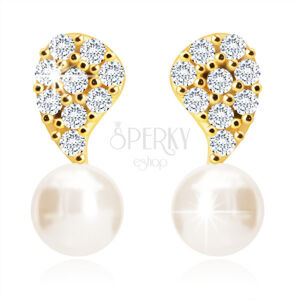 Diamantové náušnice zo 14K zlata - obrátená slzička, číre brilianty, sladkovodná biela perla