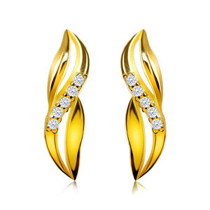 Diamantové náušnice zo žltého 9K zlata - prepletené vlnky, briliantová línia, puzetky