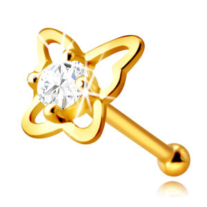 Diamantový piercing do nosa zo 14K žltého zlata - kontúra motýľa s briliantom, 2,0 mm
