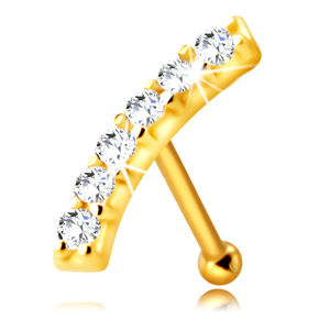 Diamantový piercing do nosa zo žltého 14K zlata, rovný - zaoblený pásik s čírymi briliantmi