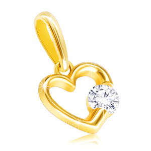 Diamantový prívesok v 14K žltom zlate - lesklá kontúra srdca s čírym briliantom