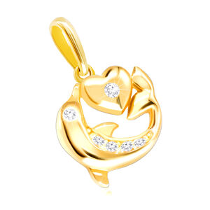 Diamantový prívesok zo žltého 375 zlata - skákajúci delfín, malé srdce, číre brilianty