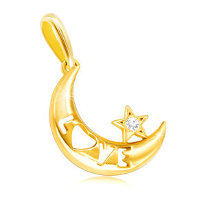 Diamantový prívesok zo žltého 9K zlata - mesiac s nápisom "LOVE", číry briliant, hviezdička