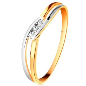 Diamantový prsteň zo 14K zlata, tri číre brilianty, rozdelené zvlnené ramená - Veľkosť: 50 mm