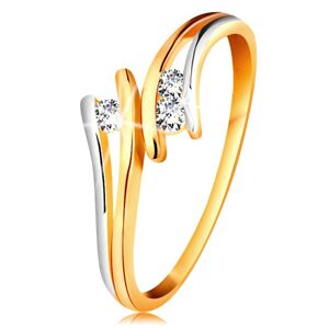 Diamantový zlatý prsteň 585, tri žiarivé číre brilianty, rozdelené dvojfarebné ramená - Veľkosť: 62 mm