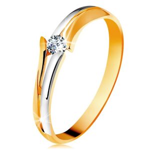 Diamantový zlatý prsteň 585, žiarivý číry briliant, rozdelené dvojfarebné ramená - Veľkosť: 52 mm