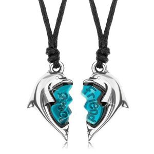 Dva náhrdelníky, rozdelené srdce s lesklými delfínmi, nápis - best friend