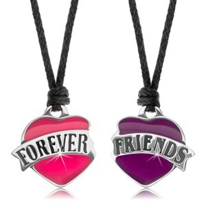 Dva šnúrkové náhrdelníky, ružové a fialové srdiečko, nápis FOREVER FRIENDS