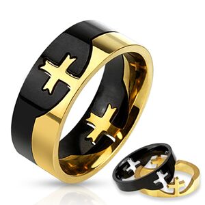 Dvojdielny prsteň čierno-zlatej farby z chirurgickej ocele, kríž - Veľkosť: 72 mm