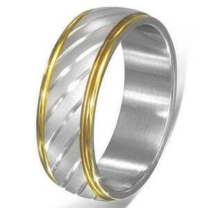 Dvojfarebný oceľový prsteň - šikmé zárezy striebornej farby a lem zlatej farby - Veľkosť: 70 mm