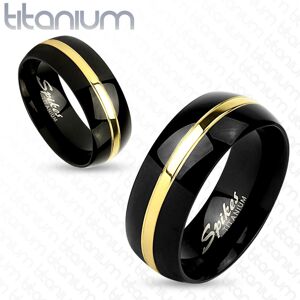 Dvojfarebný prsteň z titánu, čierny oblý povrch, pás zlatej farby, 6 mm - Veľkosť: 57 mm