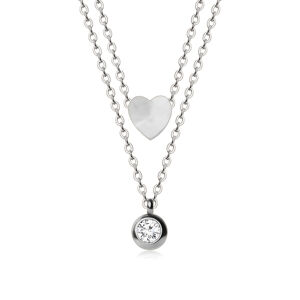 Dvojitý oceľový náhrdelník - srdce a číry zirkón v objímke, strieborná farba