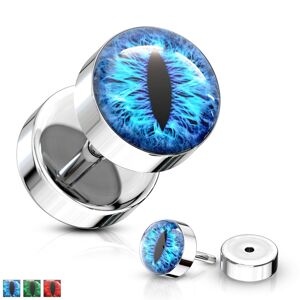 Fake plug z chirurgickej ocele striebornej farby s motívom hadieho oka - Farba piercing: Modrá