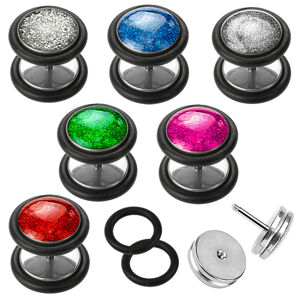 Fake plug z ocele 316L, okrúhly tvar, čierne gumičky, rôzne farby, 6 mm - Farba piercing: Zelená