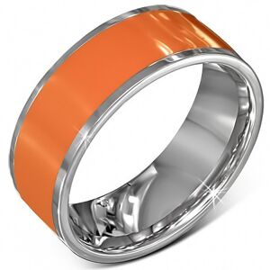 Hladká oceľová obrúčka v oranžovej farbe s okrajom striebornej farby - Veľkosť: 59 mm