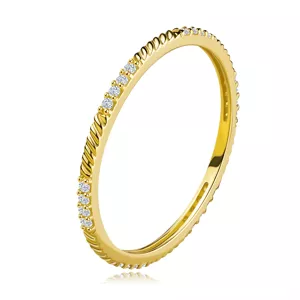 Jemný prsteň v žltom zlate 585 - línia okrúhlych zirkónov, šikmé zárezy - Veľkosť: 49 mm
