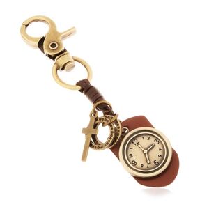 Kľúčenka s mosadzným odtieňom, syntetická koža s hodinami, kruhy a kríž