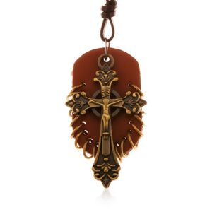 Kožený náhrdelník, prívesky - hnedý ovál s malými krúžkami a keltský kríž