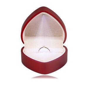 LED darčeková krabička na prstene - srdce, matná červená farba, béžový vankúšik