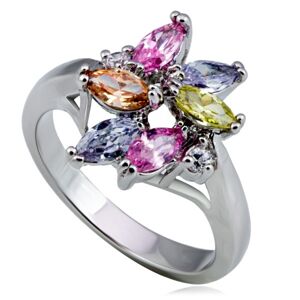 Lesklý kovový prsteň - kvet, farebné slzičkové a okrúhle zirkóny - Veľkosť: 50 mm