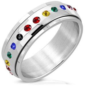 Lesklý oceľový prsteň - otáčavý stred, zirkóny vo farbách dúhy - Veľkosť: 58 mm