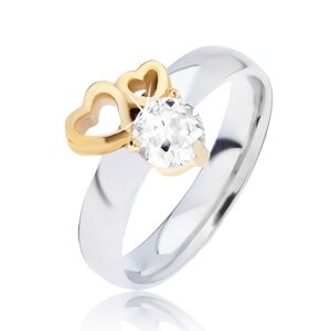 Lesklý oceľový prsteň so obrysmi sŕdc zlatej farby a čírym zirkónom - Veľkosť: 57 mm