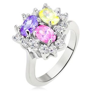 Lesklý prsteň, farebné oválne zirkóny, číra línia trojuholník - Veľkosť: 50 mm