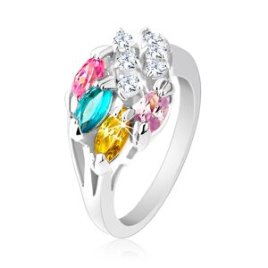 Lesklý prsteň striebornej farby, farebné zirkónové zrnká, číre zirkóniky - Veľkosť: 50 mm
