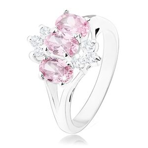 Lesklý prsteň v striebornom odtieni, ružové zirkónové ovály, číre zirkóniky - Veľkosť: 58 mm