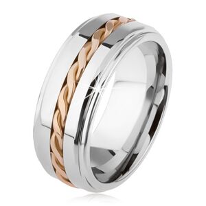 Lesklý tungstenový prsteň, strieborná farba, vyvýšená stredová časť, pletený vzor - Veľkosť: 67 mm