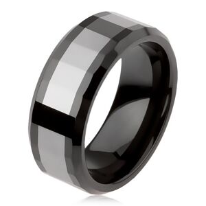 Lesklý volfrámový prsteň, dvojfarebný, geometricky brúsený povrch - Veľkosť: 64 mm