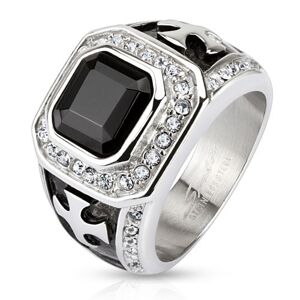 Mohutný prsteň z chirurgickej ocele, čierny zirkónový štvorec, číre línie, kríže - Veľkosť: 60 mm