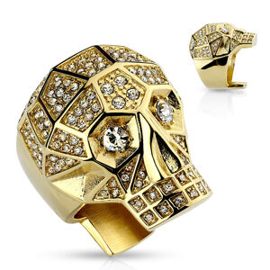 Mohutný prsteň z ocele 316L, zlatá farba, lebka, číre krištále - Veľkosť: 70 mm