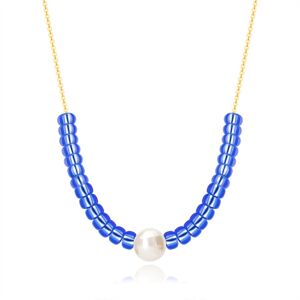 Náhrdelník z 9K žltého zlata - biela kultivovaná perla, modré kamienky