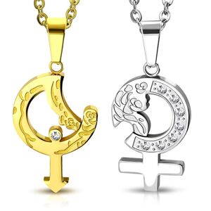 Oceľové prívesky pre dvojicu - zlatá a strieborná farba, symboly muža a ženy s ružou