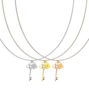 Oceľový 316L náhrdelník - visiaci zámok s kľúčom, číre zirkóny - Farba: Zlatá