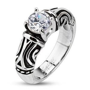 Oceľový dekoratívny patinovaný prsteň so zirkónom - Veľkosť: 59 mm