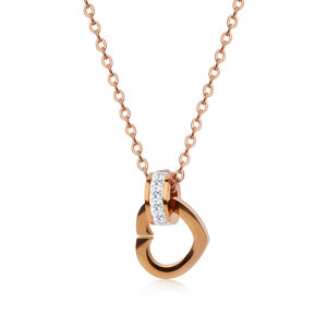 Oceľový náhrdelník medenej farby - kontúra srdca, ligotavý zirkónový prstenec